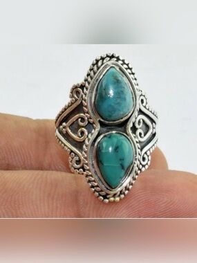 Turquoise Double Teardrop Sterling-Style Statement Ring Size 6